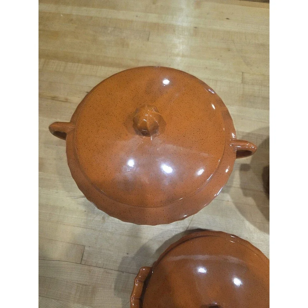 Vintage NS Gustin Los Angeles Pottery Speckled Brown Casserole Tureen Set 3Pc
